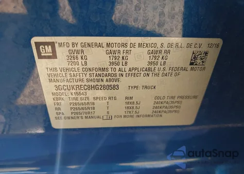 2017 Chevrolet Silverado 1500 2Lt z USA, uszkodzony, nr VIN 3GCUKREC8HG280583